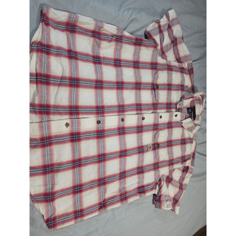 Carhartt Mens 2XL Loose Fit Plaid Short Sleeve Button Down Shirt Red White Blue